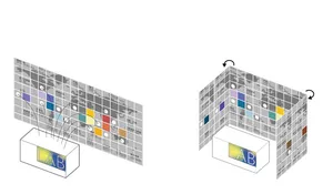 2D floor plan of a white box with a yellow logo, featuring a desk and organized workspace