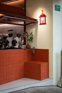 A warm and inviting kitchen with orange tiles, a countertop featuring a coffee maker and sink, and two potted plants