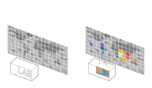 2D floor plan of a modern building with labeled rooms and clean lines, featuring concrete and glass materials