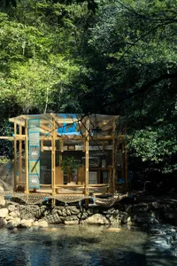 A serene and peaceful open-air wooden structure in a forest setting, designed for relaxation and leisure