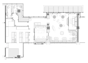 A 2D floor plan of a modern house with various rooms, hallways, chairs, and potted plants