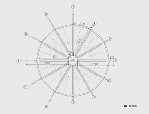 Detailed top-down view of a circular structure with lines, numbers, and measurements indicating interior spaces and dimensions