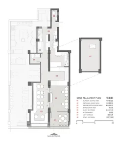 2D floor plan of a modern restaurant with gray and white tones, featuring dining tables, chairs, and labeled rooms