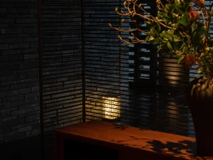 Cozy living area with a wooden table, potted plants, and a chair, featuring a natural ambiance and greenery
