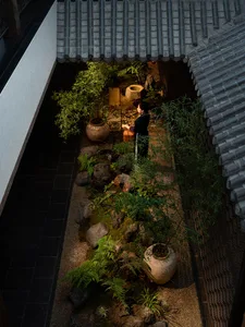 Indoor garden area with potted plants on rocks and dirt, creating a cozy atmosphere