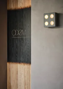 A warm and inviting interior design featuring a wooden door with a black frame and a built-in fireplace