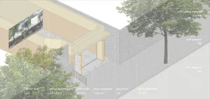 一座現代住宅建築，配有黃色屋頂與石材地面，置於中性背景中，沐浴在日間天空的自然光線下