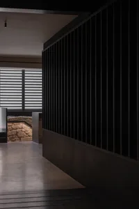 Dark room with black walls, a stone accent wall, and two windows on either side, lacking natural light