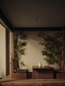 A well-lit interior design concept featuring two chairs and a vase on a dining table, surrounded by potted plants and a sense of comfort and elegance