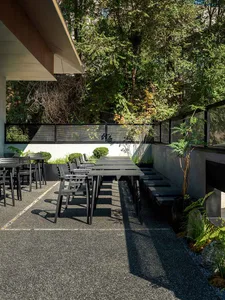 A relaxing outdoor patio area with black chairs and a dining table surrounded by potted plants