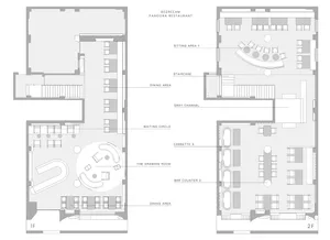 A multi-level building with various rooms and spaces, featuring dining, lounge, bar, and sitting areas, with multiple chairs for socializing and relaxation