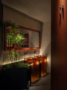 Bathroom with three sinks under a mirror, wooden accents, and two potted plants, giving a clean and well-organized appearance