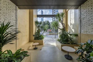 A warm and inviting indoor space with potted plants, a bench, and a large window allowing sunlight to enter