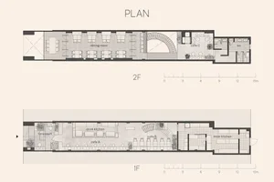2D floor plan of a modern hotel with various rooms and spaces, including a lobby, dining area, and living room, presented in top and side views