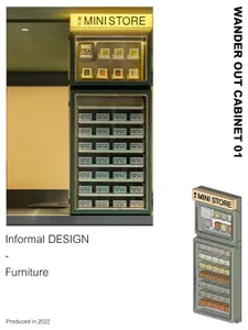 A well-planned mini store display case featuring a refrigerator, small appliances, and bottles, with an organized and tidy atmosphere