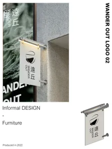 A commercial space with a white sign featuring a logo, hanging from the wall, with a neutral background and undefined materials