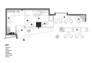 A modern restaurant or hotel with a spacious open layout featuring multiple rooms, chairs, dining tables, and potted plants