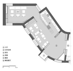 2D floor plan of a modern office space with various rooms, hallways, and furniture pieces