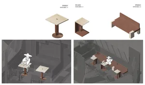 A modern workspace with wooden tables, chairs, and a couch, set against a concrete surface