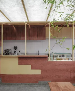 A restaurant bar with a wooden countertop, two sinks, cups, a bowl, and a potted plant, creating an inviting atmosphere