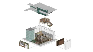 2D floor plan of a building interior with various rooms and a mix of materials and styles, showcasing organization and functionality