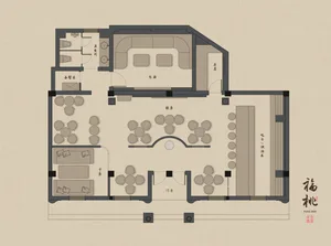 2D floor plan of a restaurant with multiple dining tables and chairs arranged throughout the space