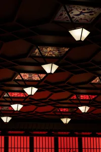 Ornate ceiling design with multiple lights in various shapes and sizes, creating a unique and intricate pattern