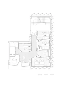 2D floor plan of a modern home with wood construction, showcasing open-plan living areas and rooms