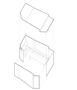 Black and white architectural drawing of a minimalist living room with a couch, chair, and two TVs, emphasizing functional design