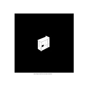 A 2D floor plan of a small white building with clean lines and minimal decoration on a black background