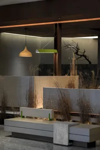 A well-lit room with a bench in the center, a hanging lamp, and plants, creating a comfortable atmosphere