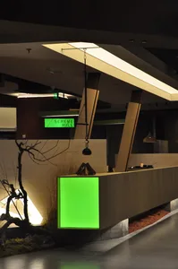 Modern cafe interior with green accents, white walls, and wooden texture, illuminated by two large hanging lights