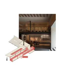 A modern interior space with multiple rooms, a dining area, and artworks displayed on the walls, creating a cultural atmosphere