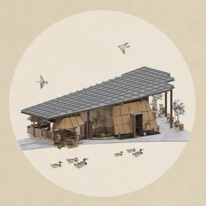 A traditional Asian-style house with a wooden structure and tiled roof, surrounded by trees and birds in flight