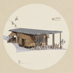 A restaurant with a wooden exterior and thatched roof, featuring a dining area with chairs and umbrellas, set against a lively background with a bird flying in the sky
