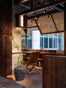 A warm and inviting dining space with a wooden chair and a potted plant in front of a window