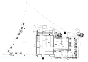 Architectural rendering of a modern hotel or residential complex interior with multiple rooms, open spaces, and a mix of materials including concrete, glass, and metal