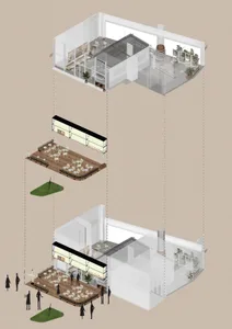 2D floor plan of a modern open-plan living space with a dining area and living room, featuring linework, labels, and symbols