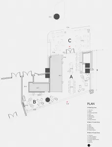 2D floor plan of a modern hotel with dining and sitting areas, labeled and measured for clarity