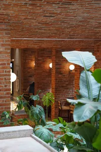 Warm and inviting restaurant space with brick walls, potted plants, and seating areas