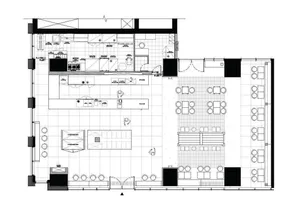 A modern floor plan of a large interior space with multiple dining tables and chairs, clean lines, and minimal decoration