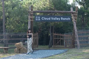 A woman walks through a traditional wooden gate with a distinctive design, set in a peaceful and serene environment