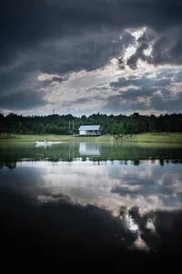 A serene lake surrounded by trees and houses, with a couple in a boat on the water