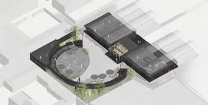 現代室內空間，設有座椅、餐桌與遮陽傘，營造溫馨歡迎氛圍