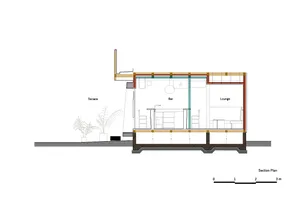 2D floor plan of a modern house with kitchen dining living and bedroom areas, including chairs potted plants and a sink