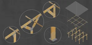 A 3D design of a wooden chair with four different views showcasing its dimensions and angles