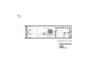 Black and white drawing of a modern apartment building floor plan with clean lines, minimalistic elements, and clear labels and measurements