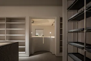 Empty living area with white walls, curved design, and two large bookshelves on either side