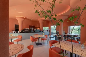 Warm and inviting restaurant interior with orange walls, tables, chairs, and cups, creating a lively atmosphere