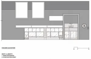 黑白店面建築渲染圖，具大型窗戶與可見尺寸標註